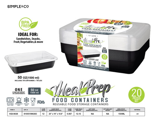 20 PCS SET RECTANGULAR FOOD CONTAINER 6 CUPS - 1500 ML