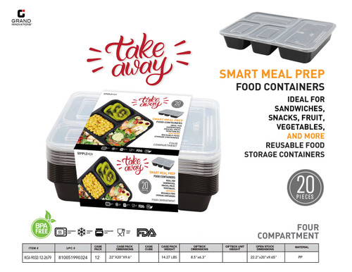 20 PCS SET SMART MEAL PREP, RECTANGULAR.. 4 COMPARTMENT 1250 ML