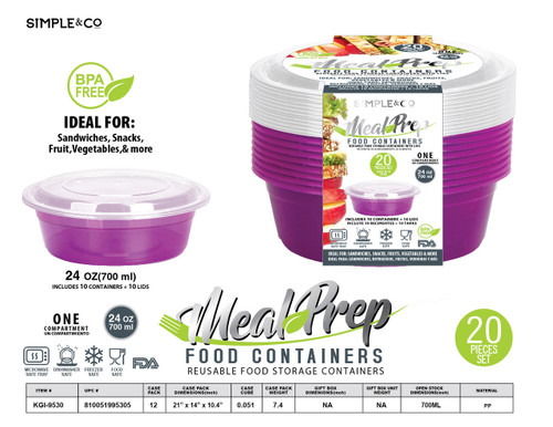 20 PCS SET ROUND BOWL 3 CUPS - 700 ML PURPLE BOTTOM WITH CLEAR LID