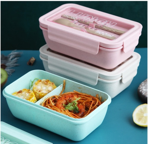 4 PCS SET: 2 COMPARTMENT LUNCH BOX WITH UTENSILS - WHEAT STRAW 1100 ML / 38 OZ