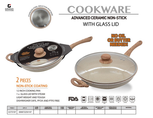 12'' FRY PAN W/LID BEIGE SPECKLE WITH WOOD PATTERN HANDLE