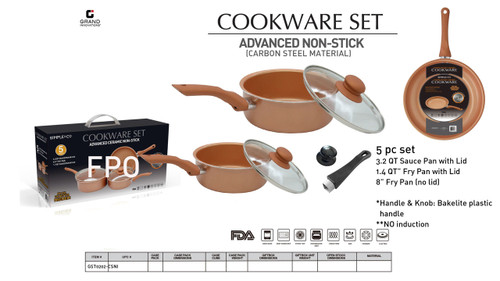 5 PC CS 3.2 QT SAUCE PAN W/ LID, 1.4 QT FRY PAN W/ LID, 8" FRY PAN (NO LID) (NO INDUCTION)