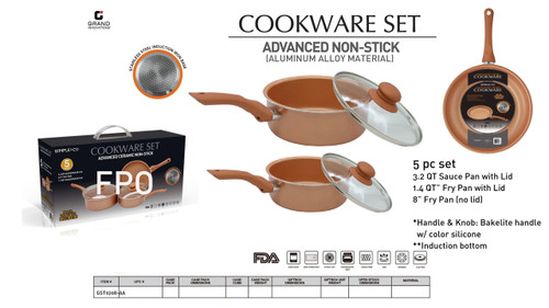 5 PC ALUMINUM ALLOY 3.2 QT SAUCE PAN W/ LID, 1.4 QT FRY PAN W/ LID, 8"FRY PAN W/ SILICONE ORANGE HANDLE (NO LID) (FULL INDUCTION BOTTOM)