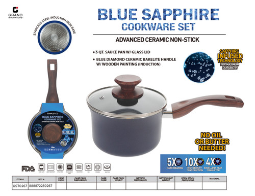 3QT. SAUCE PAN W/ GLASS LID - BLUE DIAMOND CERAMIC BAKELITE HANDLE W/ WOODEN PAINTING (INDUCTION)
