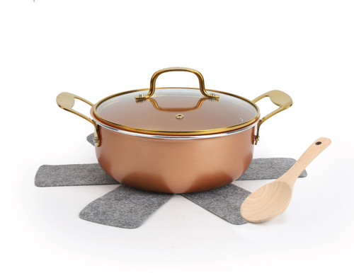 2.8QT COPPER SAUCEPOT W/LID FLAT GOLD HANDLE