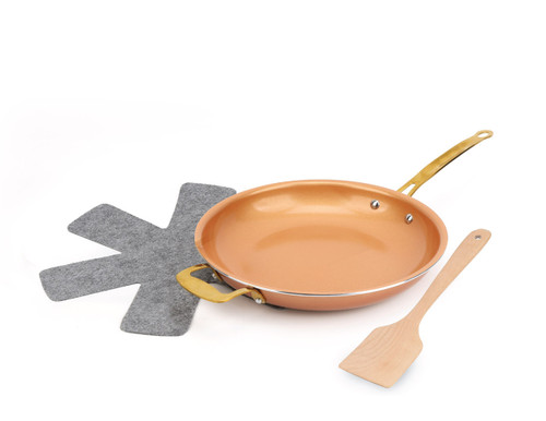 12'' COPPER FRY PAN FLAT GOLD HANDLE