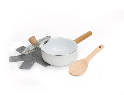 1.7QT SAUCEPAN WOOD HANDLE WHITE CERAMIC