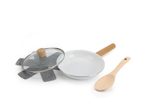 8'' FRY PAN W/LID WOOD HANDLE WHITE CERAMIC