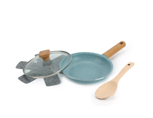 8'' FRY PAN W/LID WOOD HANDLE TURQUOISE NONSTICK