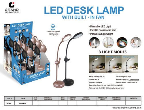 LED DESK LAMP WITH FAN IN PDQ - USB PORT - BLACK / ROSE GOLD