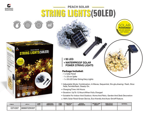 PEACH SOLAR STRING LIGHTS(50LED) WATERPROOF SOLAR POWER STRING LIGHTS