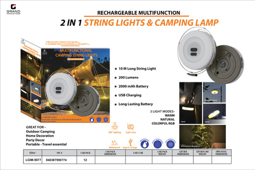 RECHARGEABLE MULTIFUNCTION 2 IN 1 STRING LIGHTS & CAMPING LAMP