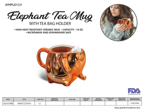 15 OZ ELEPHANT TEA MUG IN EGG CRATE - COPPER METALLIC