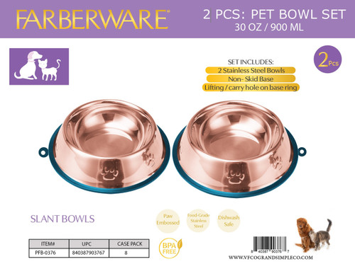 ROSE GOLD STAINLESS STEEL SLANT BOWLS - 2PC SET 2 BOWLS SILICONE NON SLIP WITH CARRY HOLE 900 ML / 30 OZ