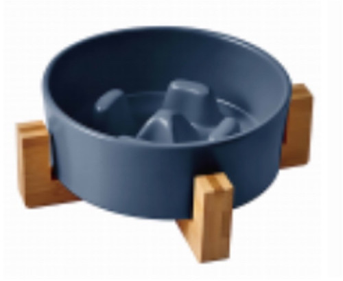 400 ML SLOW FEEDER CERAMIC BOWLS WITH WOODEN STAND - BLUE