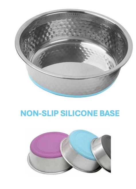 SILVER STAINLESS STEEL BOWL WITH BLUE NON-SKID SILICONE BASE - HAMMERED 47 OZ (1400 ML)