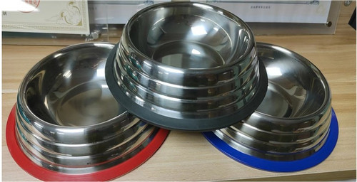 SILVER STAINLESS STEEL STRIPE BOWL WITH NON-SKID SILICONE RIM -6.8 OZ (200 ML)