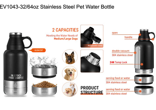 3 IN 1 PET WATER BOTTLE WITH 2 BOWLS- 64 OZ (1800 ML)