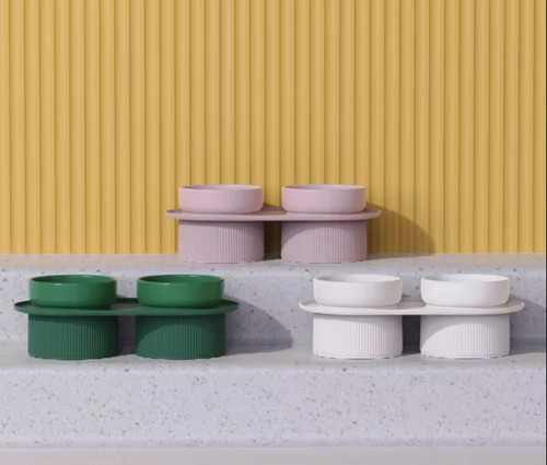 5 PCS SET: 4 RIB CERAMIC BOWLS & TRAY FOR ELEVATED FEEDING - 1600 ML