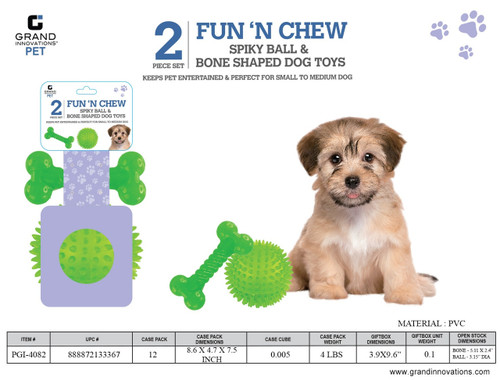 2 PCS: FUN 'N CHEW SPIKY BALL & BONE SHAPED DOG TOY SET