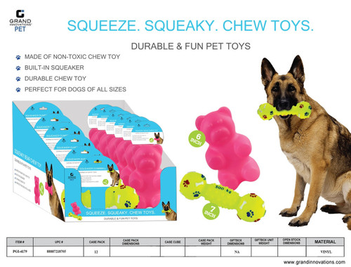 DOG TOY ASST IN PDQ - SQUEAKER DUMBBELL & BEAR CHEW TOY