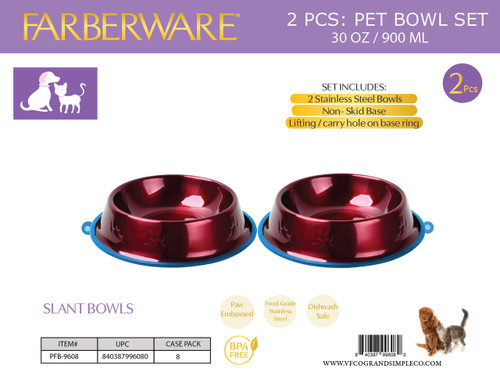 RED STAINLESS STEEL SLANT BOWLS - 2PC SET 2 BOWLS SILICONE NON SLIP WITH CARRY HOLE 900 ML / 30 OZ