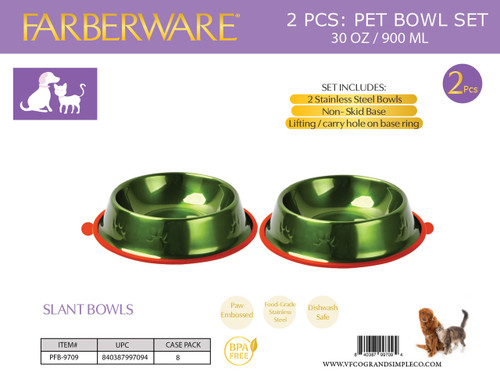 GREEN STAINLESS STEEL SLANT BOWLS - 2PC SET 2 BOWLS SILICONE NON SLIP WITH CARRY HOLE 900 ML / 30 OZ