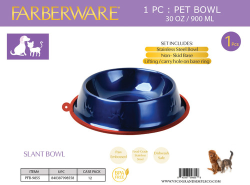 BLUE STAINLESS STEEL SLANT BOWL - PAW PRINT WITH SILICONE NON-SLIP WITH CARRY HOLE (1PC) 900 ML / 30 OZ