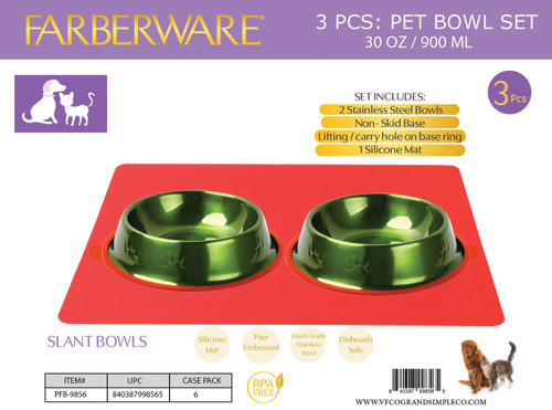 GREEN STAINLESS STEEL SLANT BOWL - 3PC SET 2 BOWLS 1 MAT WITH NON SLIP SILICONE WITH CARRY HOLE  900 ML / 30 OZ