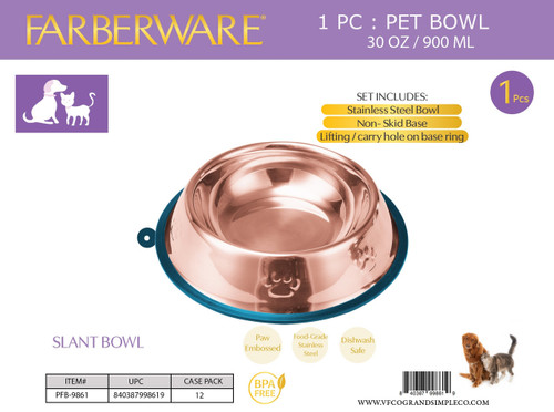 ROSE GOLD STAINLESS STEEL SLANT BOWL - PAW PRINT WITH SILICONE NON-SLIP WITH CARRY HOLE (1PC) 900 ML / 30 OZ
