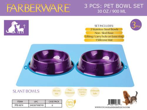 PURPLE STAINLESS STEEL SLANT BOWL - 3PC SET 2 BOWLS 1 MAT WITH NON SLIP SILICONE WITH CARRY HOLE  900 ML / 30 OZ