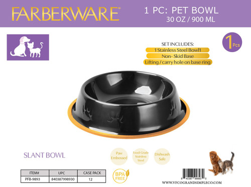 BLACK STAINLESS STEEL SLANT BOWL - PAW PRINT WITH SILICONE NON-SLIP WITH CARRY HOLE (1PC) 900 ML / 30 OZ