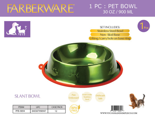GREEN STAINLESS STEEL SLANT BOWL - PAW PRINT WITH SILICONE NON-SLIP WITH CARRY HOLE (1PC) 900 ML / 30 OZ