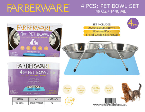 4 PCS SET - 2 STAINLESS STEEL BOWLS, 1 RACK & SILICONE MAT (SILVER  WITH BLUE MAT) 1440 ML / 49 OZ