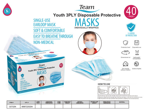 40 PC YOUTH DISPOSABLE FACE MASKS