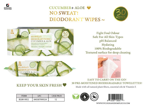 NO SWEAT! DEODORANT WIPES CUCUMBER + ALOE - 30 WIPES