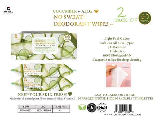 120 PACK | NO SWEAT! DEODORANT WIPES CUCUMBER + ALOE 2 PACK OF 60 WIPES