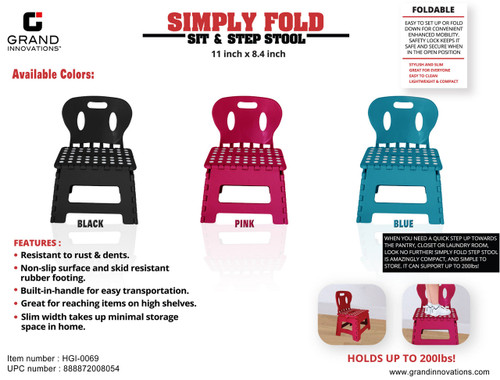 SIMPLY FOLD SIT & STEP STOOL/CHAIR011' BLACK/PINK/BLUE