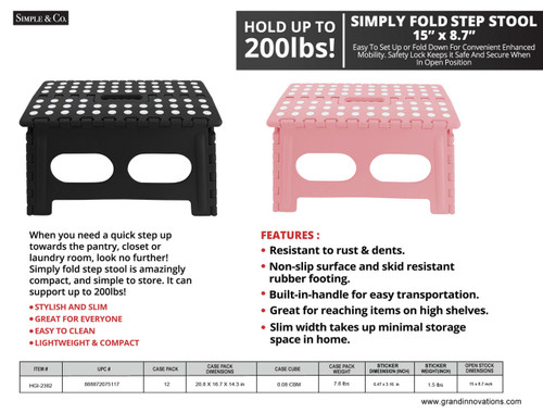 SIMPLY FOLD STEP STOOL 15': BLACK/PINK
