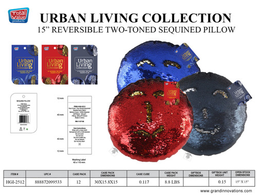 SEQUIN ROUND PILLOW: RED/GOLD, ROYAL/GOLD, GUMMENTAL-SILVER