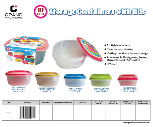 10 PC: SQUARE FOOD STORAGE WITH COLORFUL LIDS