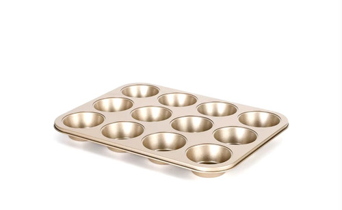 12 CUP MUFFIN PAN & 12 SILICONE MUFFIN CUPS 37X26.5X3.3 CM NONSTICK COATING IN GOLD