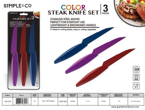 3 PC: COLOR STEAK KNIFE SET