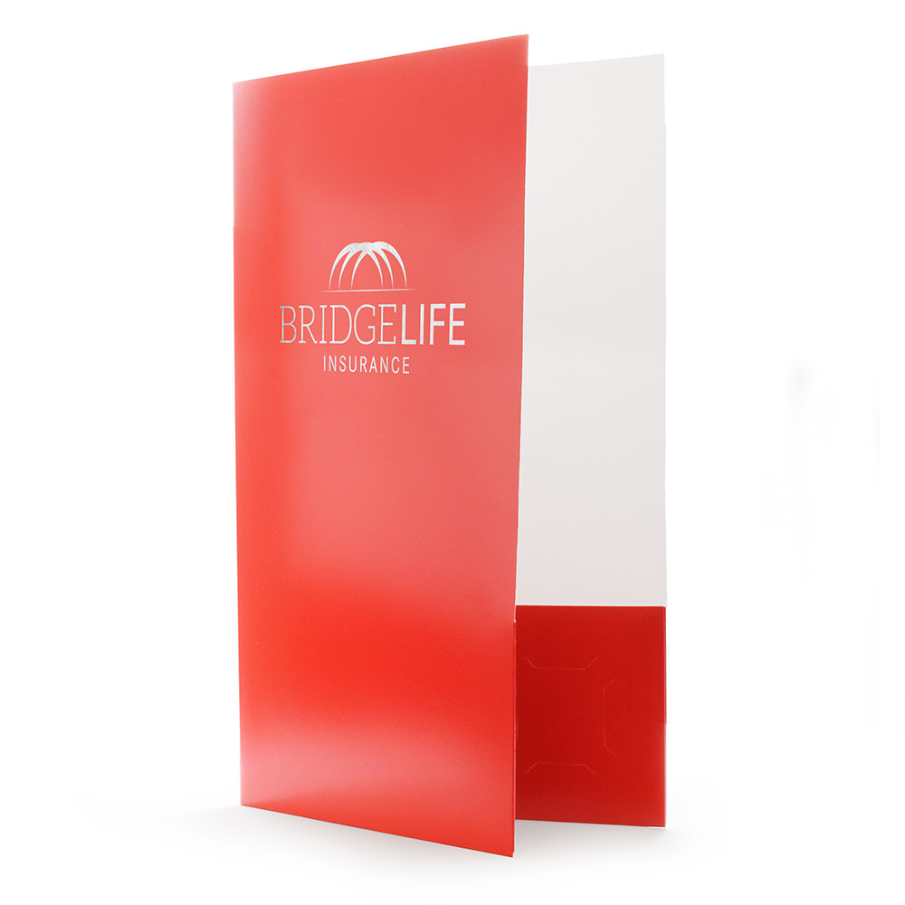 Glossy red custom legal presentation folder with silver foil stamped company logo