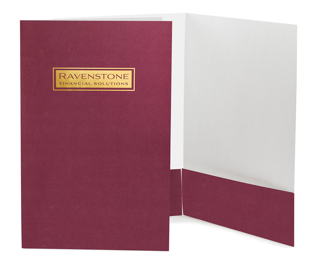 Burgundy legal pocket folder with gold foil logo imprint