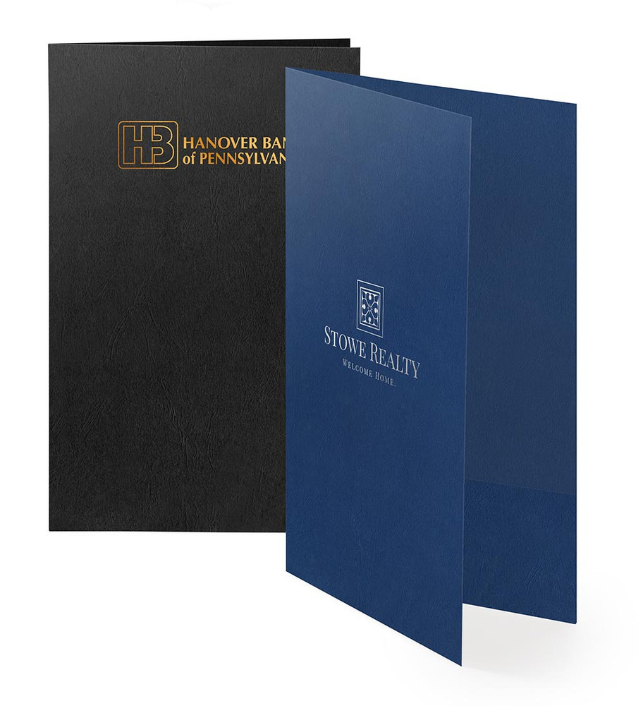 Black and blue leatherette legal presentation folders with foil stamped logos