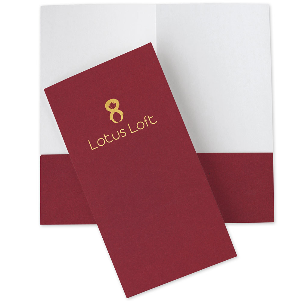 Burgundy mini presentation folder with gold foil stamped company logo