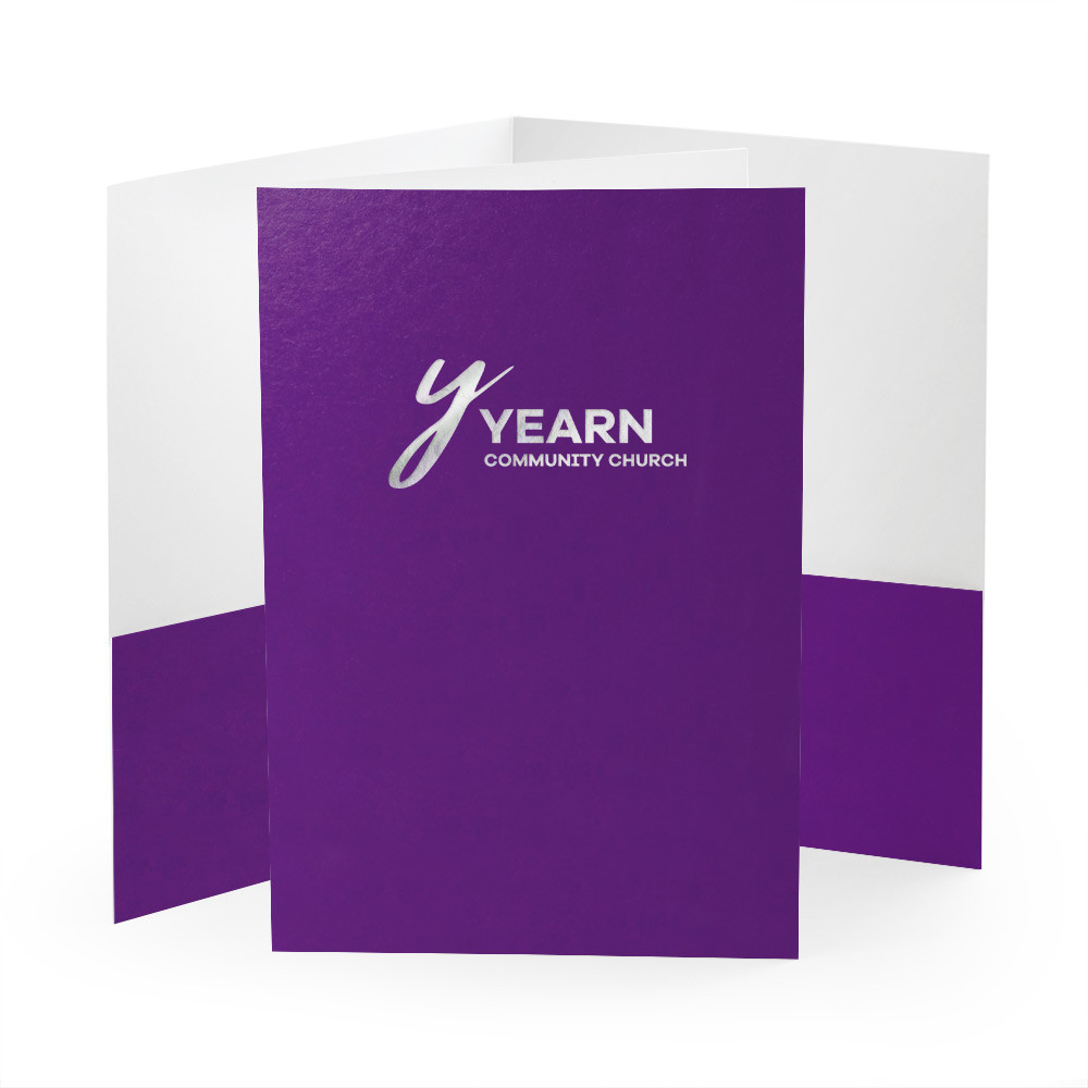 Purple 6x9 pocket folder with silver foil logo imprint on the front cover