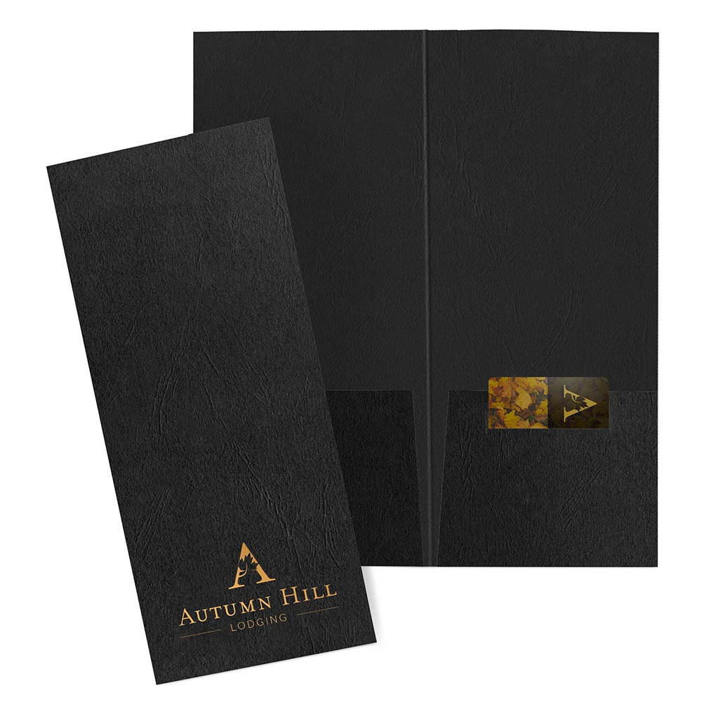 Black pocket folder with hotel room key slit and logo on front cover