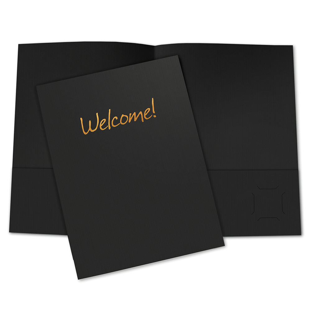 Black 9x12 welcome folder with copper foil imprint